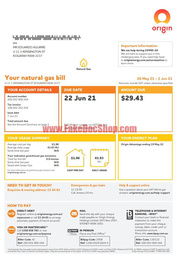 Australia Origin Natural Gas Invoice