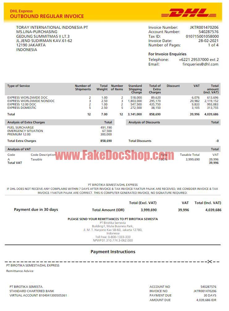 INDONESIA DHL Express Invoice Template in PDF and word Format