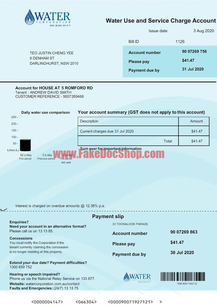 Australia Water Use and Service Charge Bill template