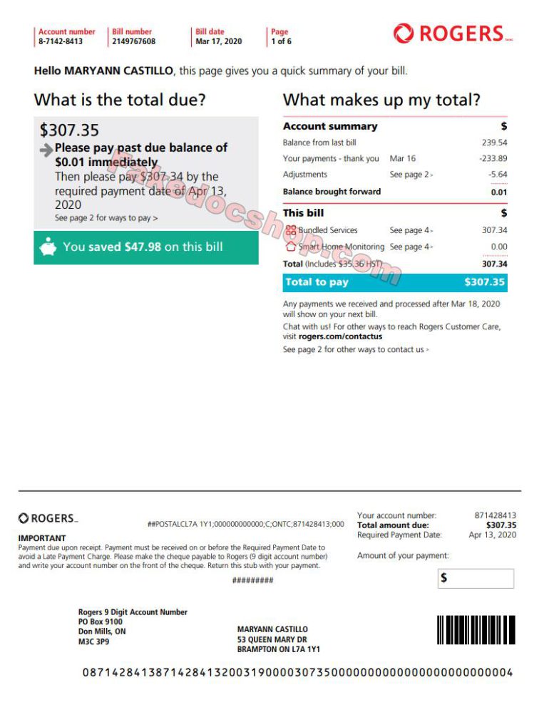 Canada Rogers Utility Bill Template