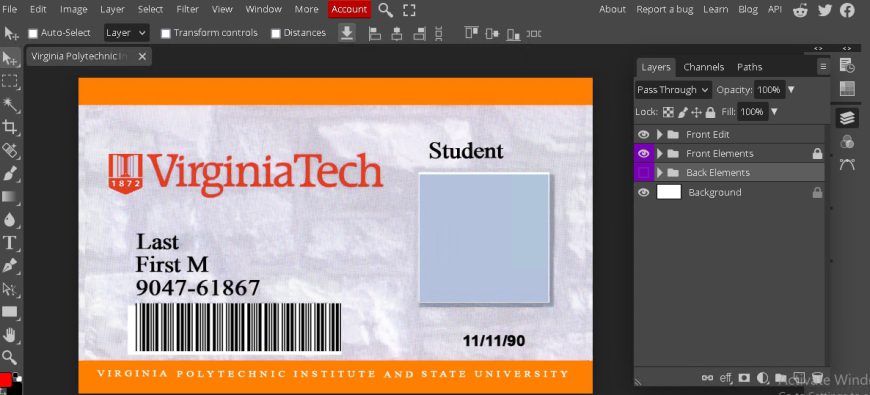 The Virginia Polytechnic Institute student ID card Template