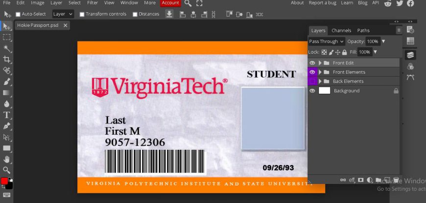 Virginia Tech University Student ID Card psd template