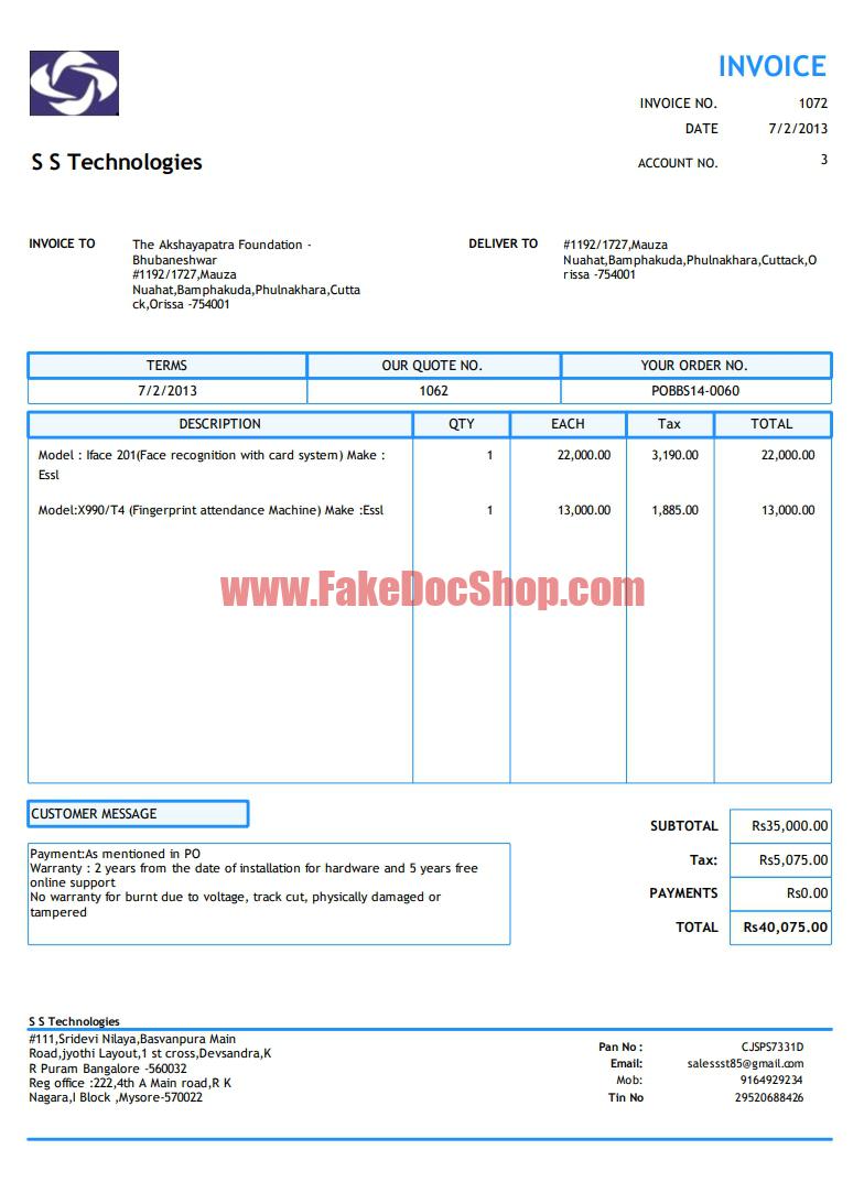 India SS Technologies Invoice Template