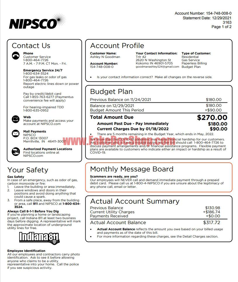 NIPSCO (Northern Indiana Public Service Company) utility bill editable template