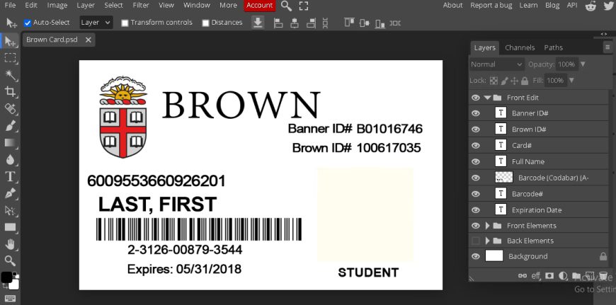 Brown University ID card psd Template