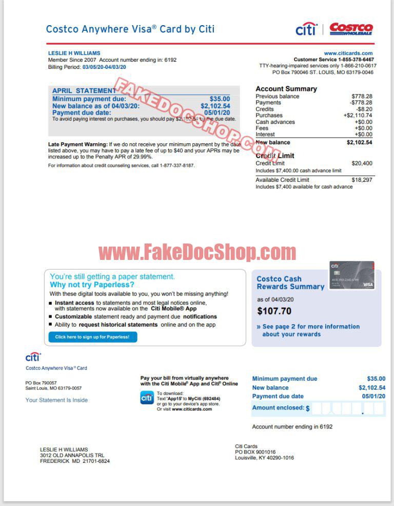 Costco Visa Card Account Summary Template