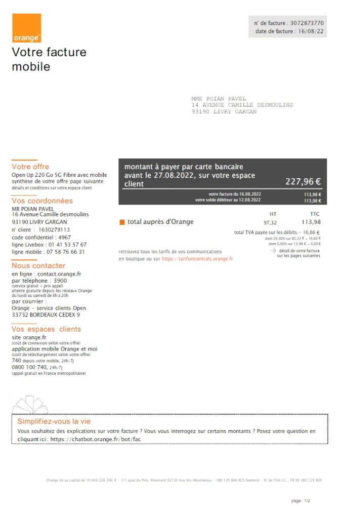 France Mobile Utility Bill Template