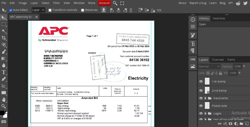 United Kingdom APC electricity utility bill PSD template