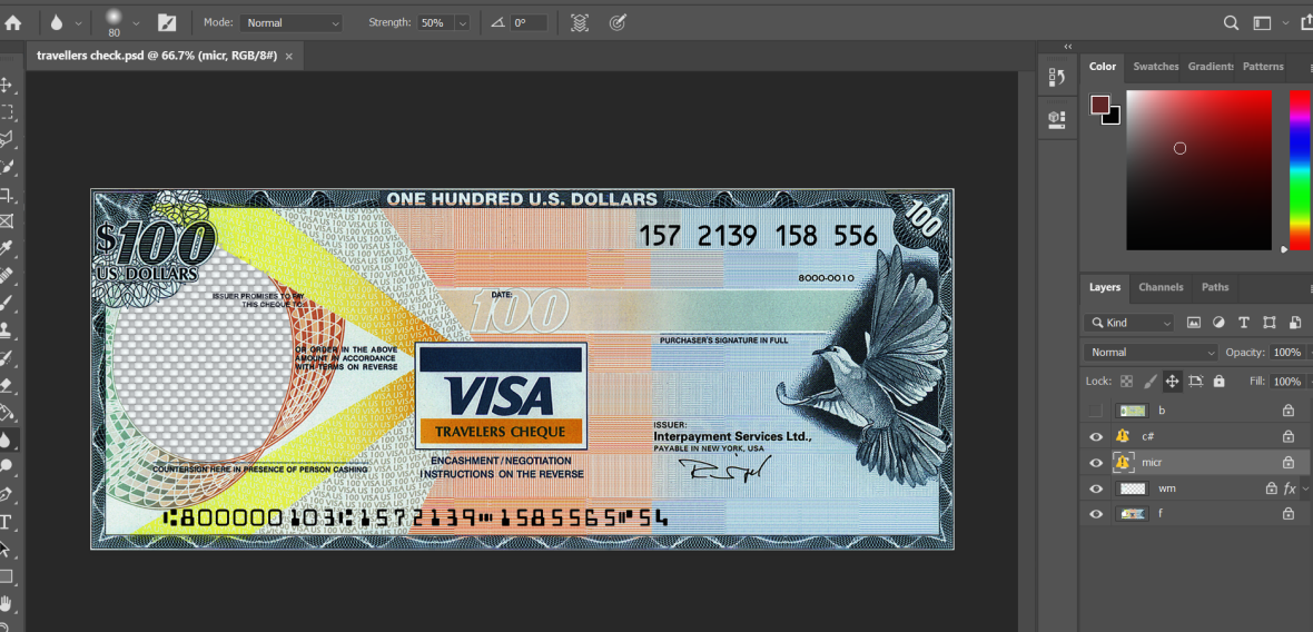 Visa Travelers Cheque Template PSD [100 US Dollars]