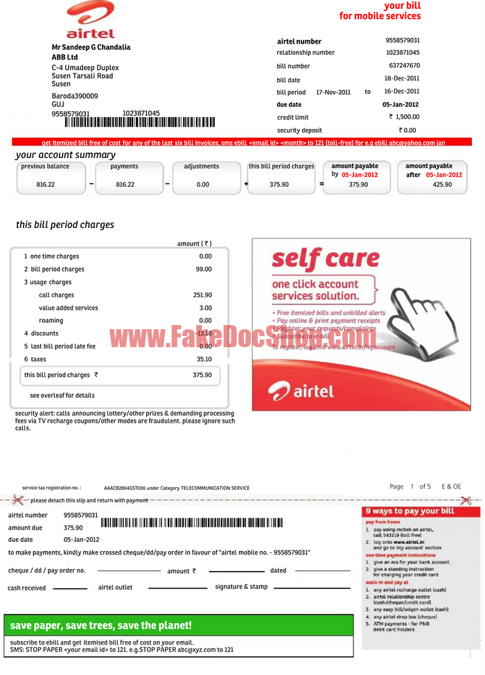 Indian Airtel Number Bill Template