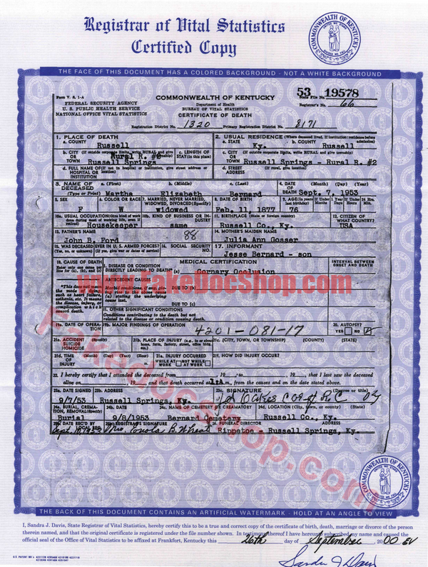 Kentucky Death Certificate PDF Template