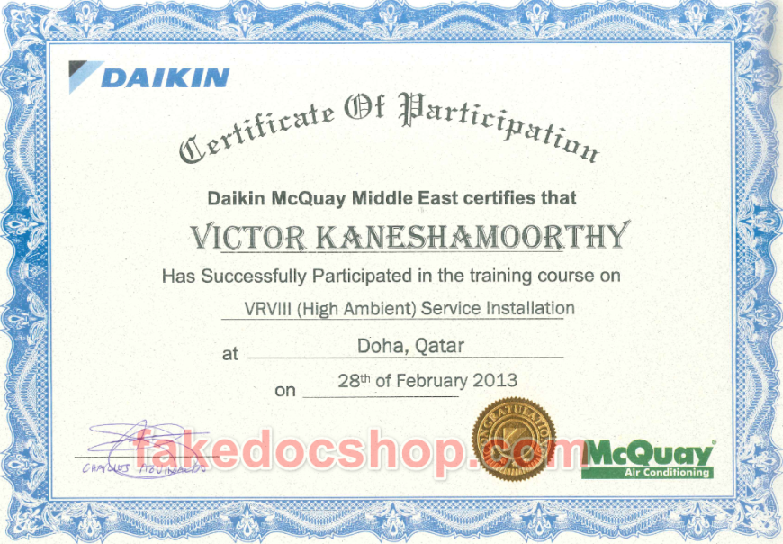 Qatar Air conditioning certificate
