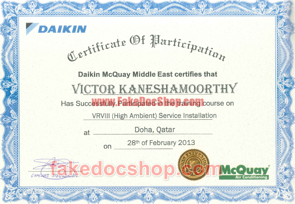 Qatar Air conditioning certificate