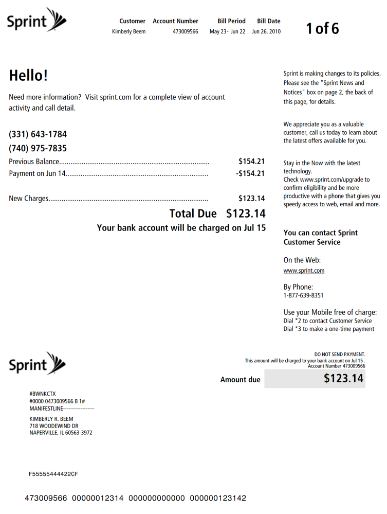 Usa Sprint Cellphone Bill Template