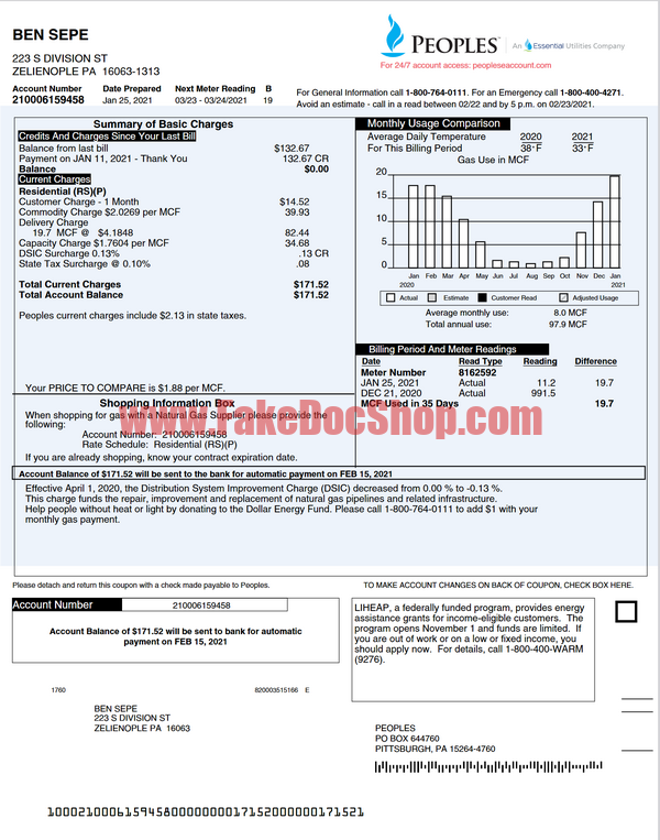USA Pennsylvania Peoples Gas utility bill template in Word and PDF format