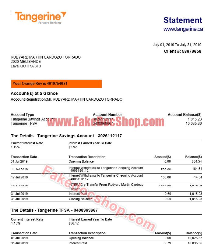 Canada Tangerine banking statement Word and PDF template