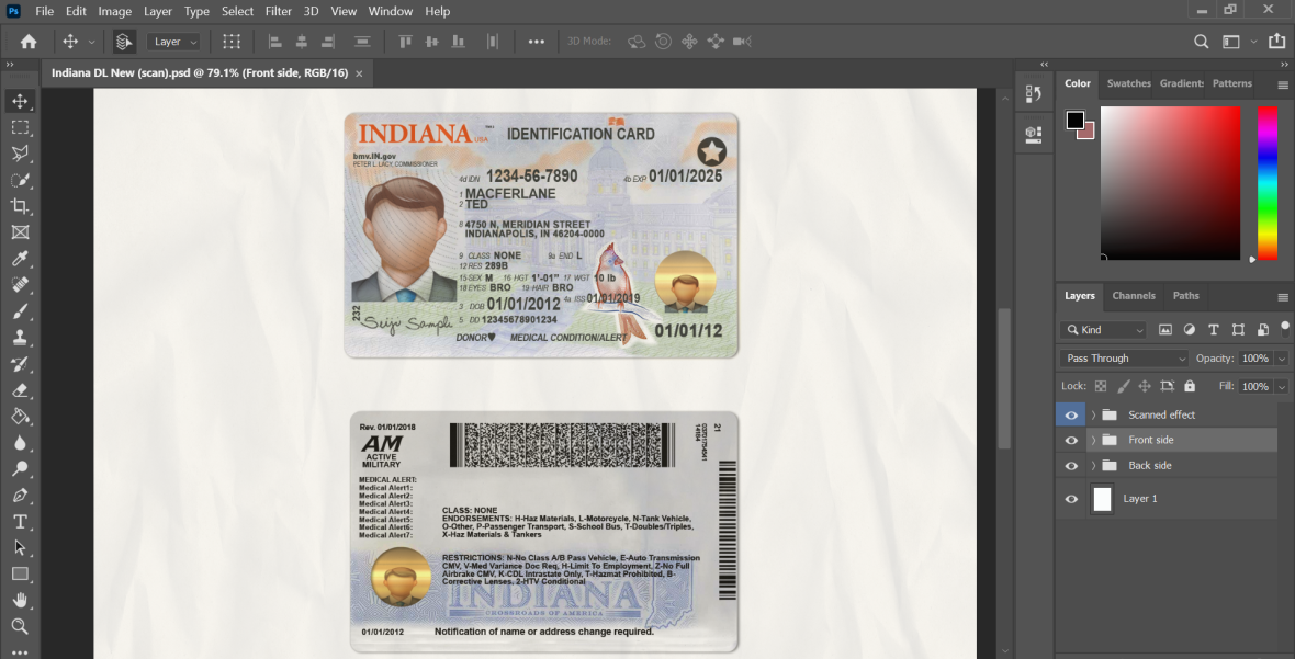 Indiana driver license psd Template v3