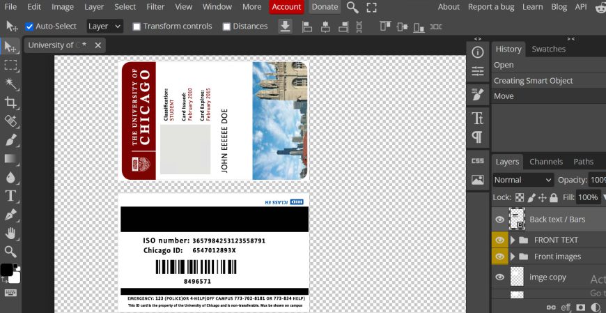 The University of Chicago ID card PSD Template