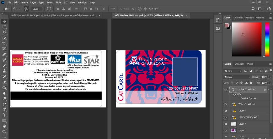 university of arizona id card editable PSD template