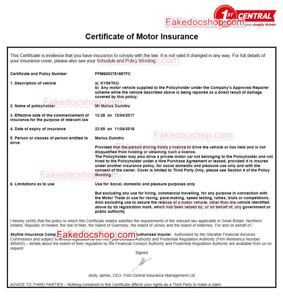 UK 1st Central Certificate of Motor Insurance Template