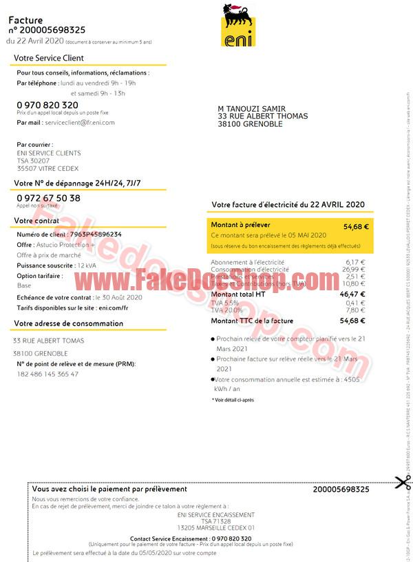France eni Energy bill Template in PDF format