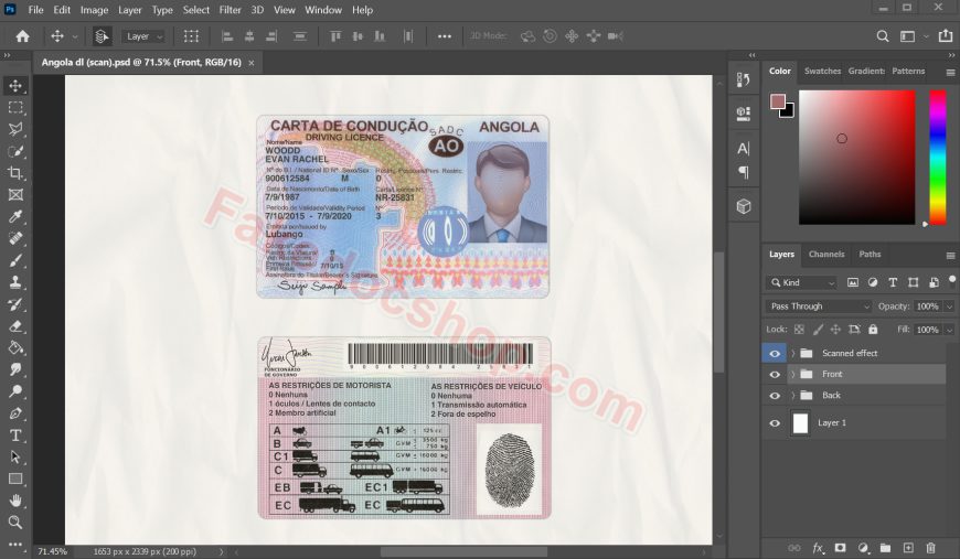 Free Download Angola driving license template in PSD format