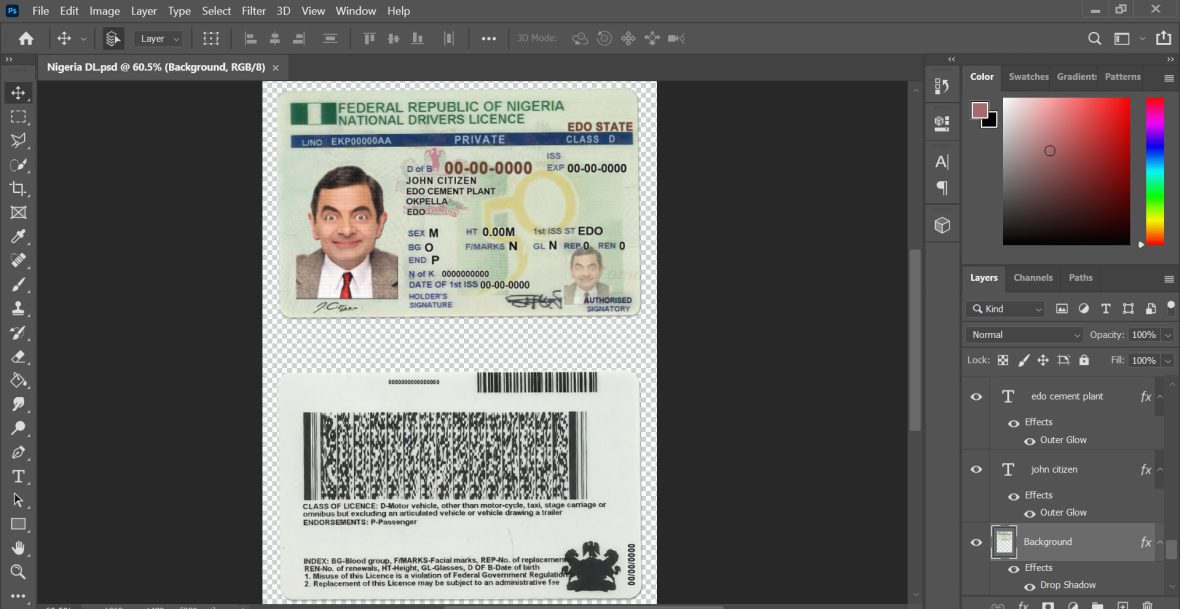 Nigeria driving license template in PSD format, fully editable