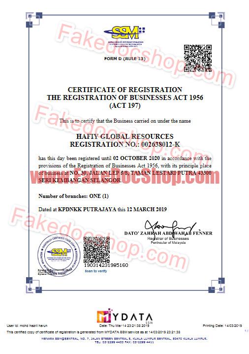 fake Malaysia Business Registration Template