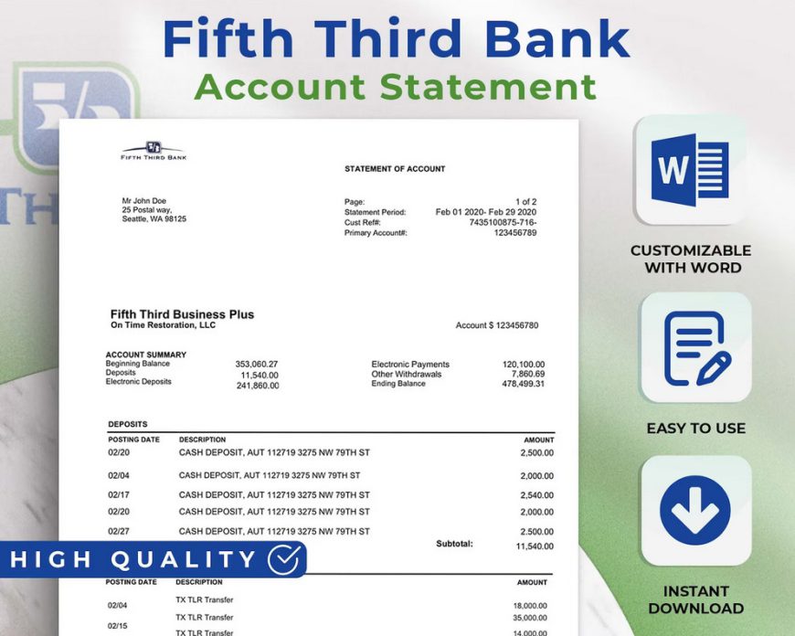 FiFTH Thid Personal Bank Statement Template