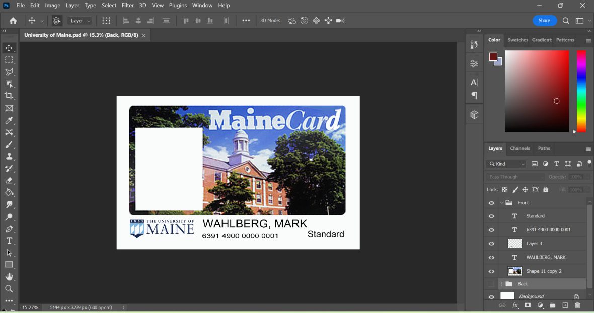 University of Maine ID card PSD Template