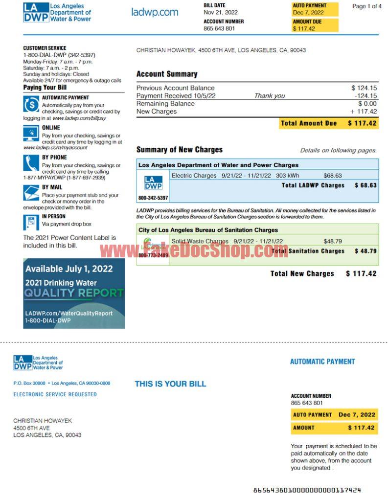 Los Angeles LADWP Bill Templates In PDF And Word Formats - Fakedocshop