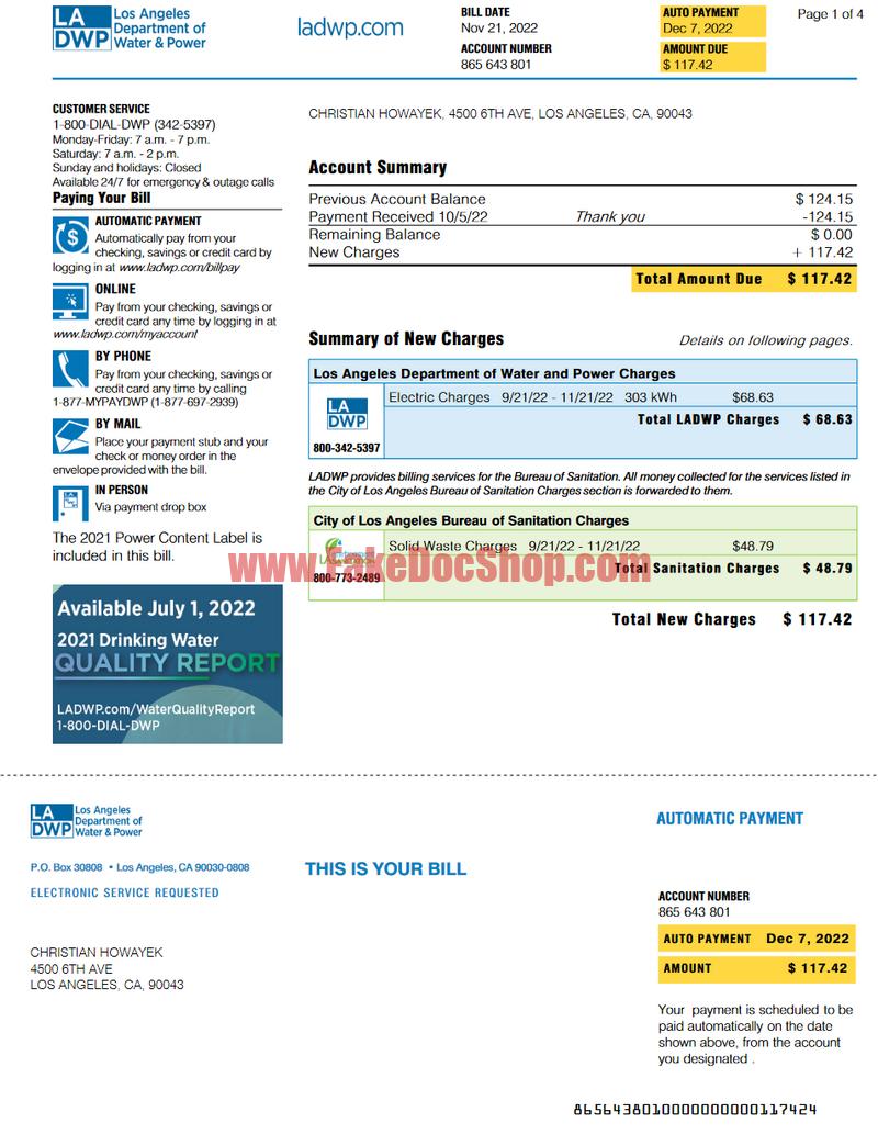 Los Angeles LADWP bill templates in PDF and Word formats