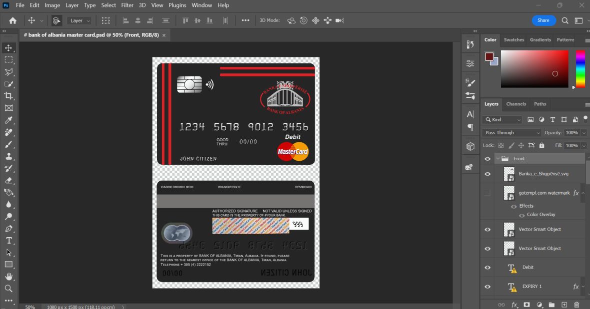 Bank of Albania bank mastercard debit card PSD template