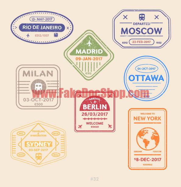 Moscow and madrid and berlin Visa stamp collection PSD Templates