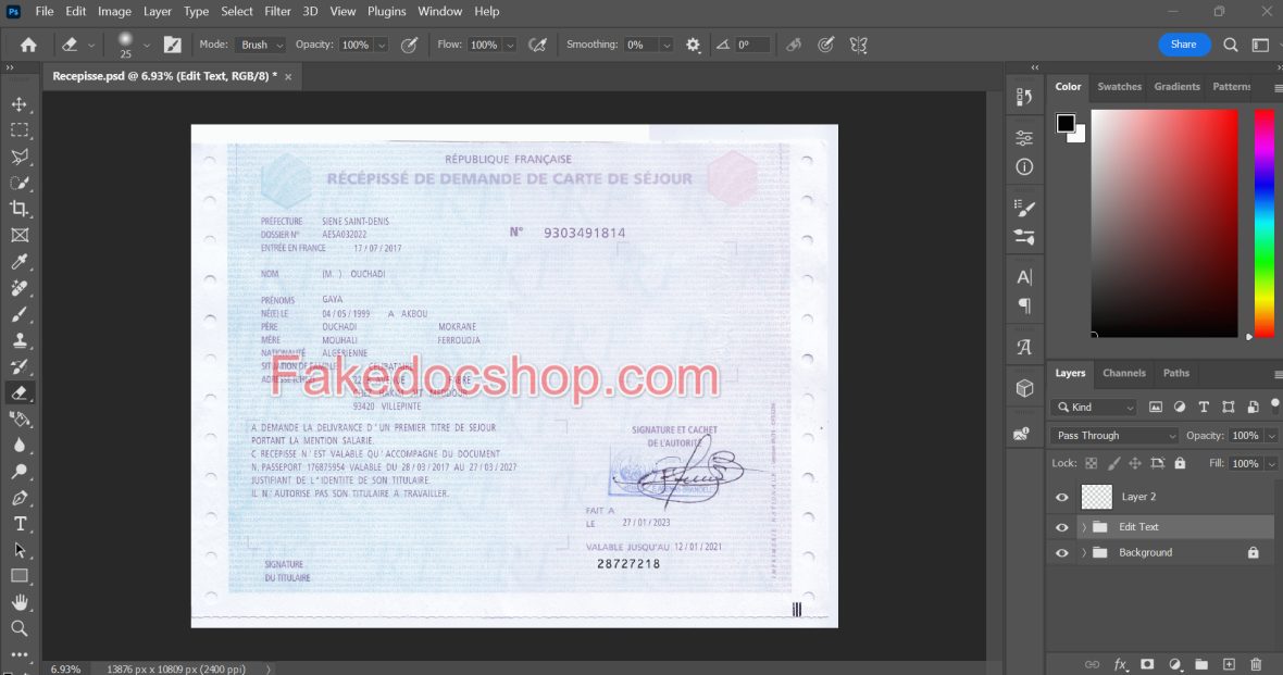 Recepisse France Residence Permit Card Template in PSD Format