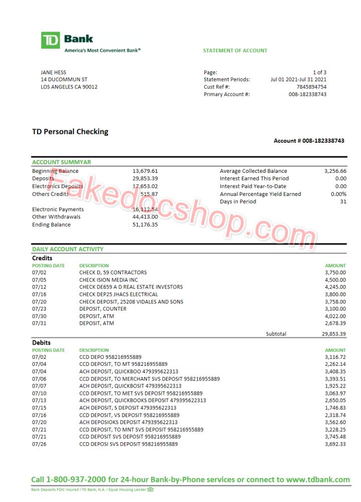 TD bank TD Personal Checking Statement Template
