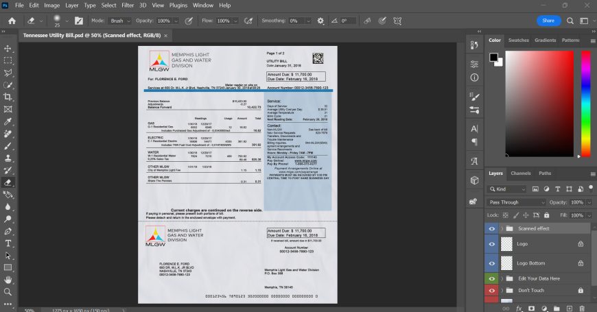 TENNESSEE MLGW UTILITY BILL EDITABLE PSD TEMPLATE