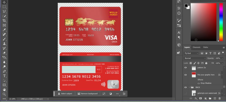 USA Wells Fargo Bank Visa Debit Card PSD Template - Fakedocshop
