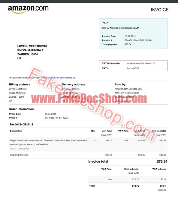 Amazon Invoice word and Pdf Template