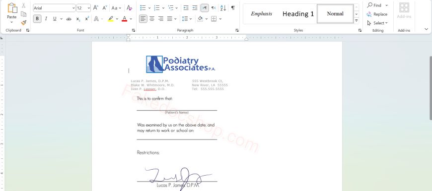 Fake Podiatrist Doctor Note (Signed) Template