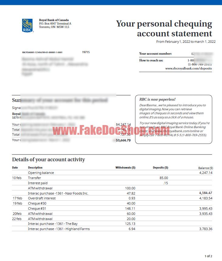 Canada RBC Bank Personal Chequing Account Statement