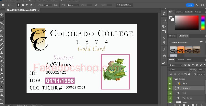 Colorado College ID Card Psd Template