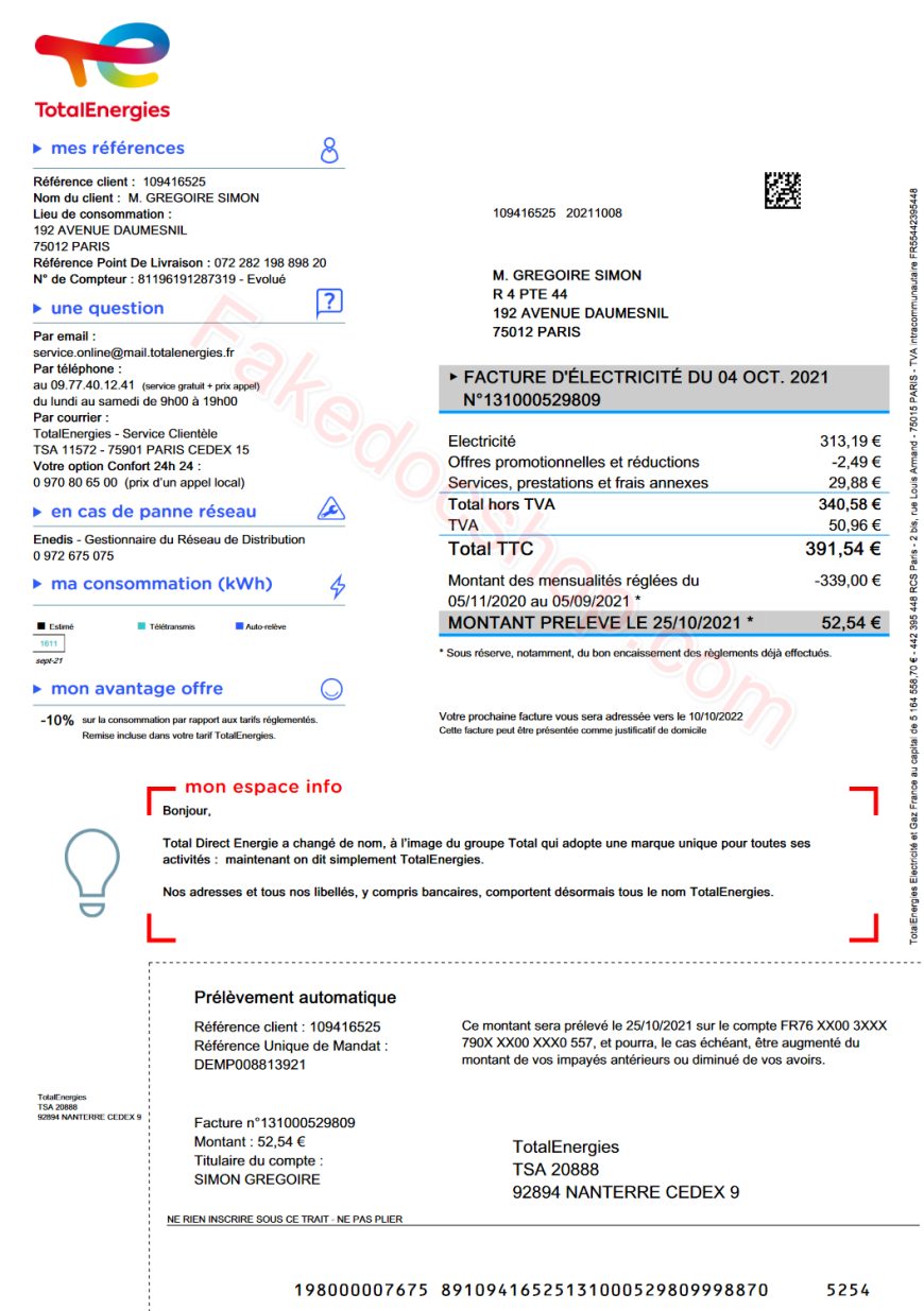 France TotalEnergies utility bill and Proof Of Address template