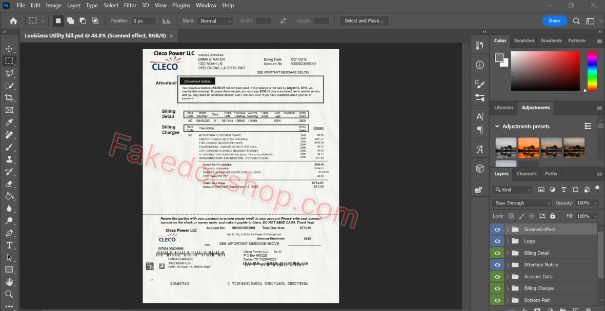 Louisiana Proof of address psd template 1 Louisiana-Utility-bill psd template