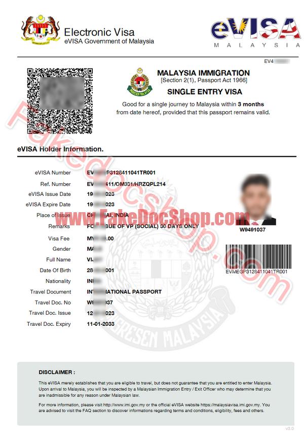 Malaysia Electronic Visa Template
