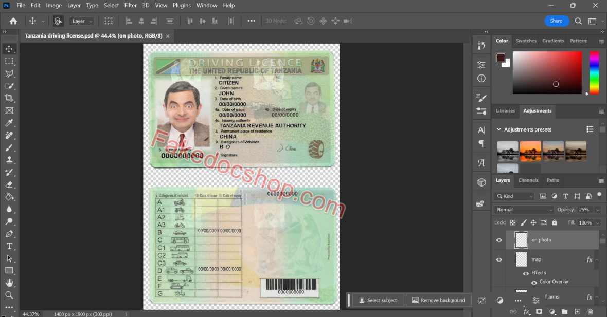Tanzania driving license template in PSD format