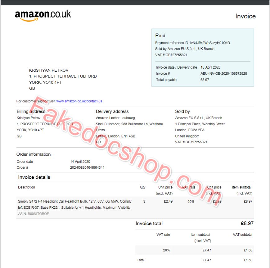 UK Amazon Invoice Word and Pdf Template