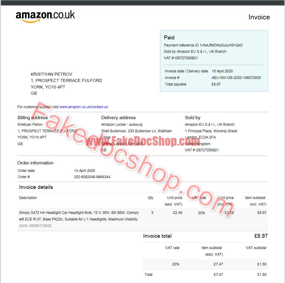 UK Amazon Invoice Word And Pdf Template Fakedocshop