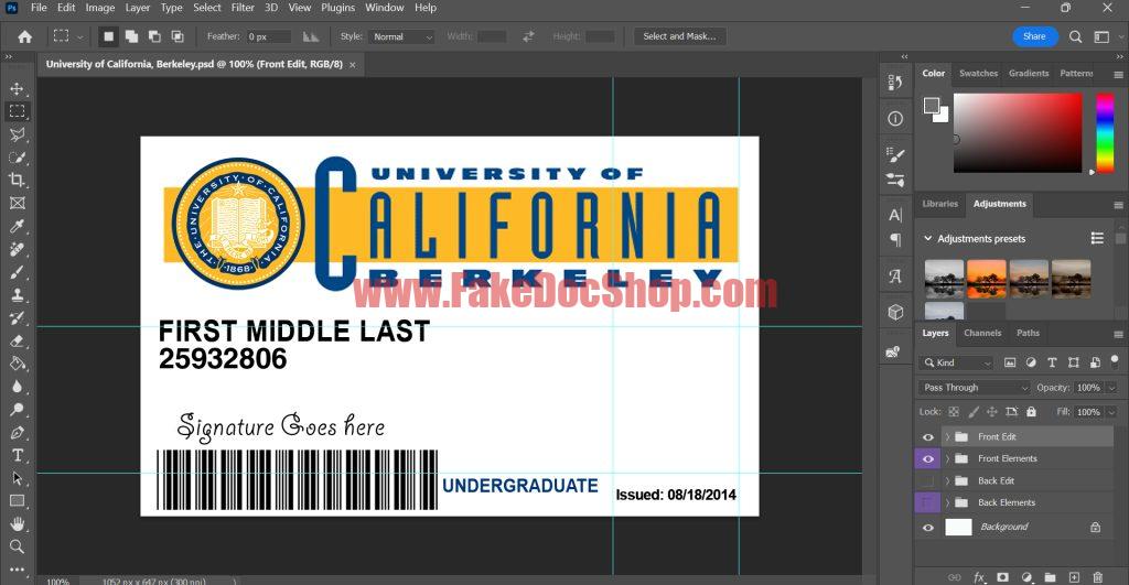 University Of California Berkeley ID Card Psd Template - Fakedocshop