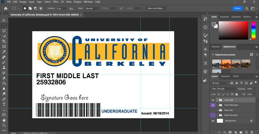 University of California Berkeley ID card psd template